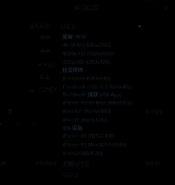 项目设置中调整画布规格界面图