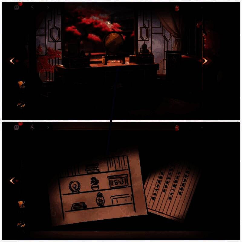 打开梳妆台抽屉查看信件和纸张触发剧情画面