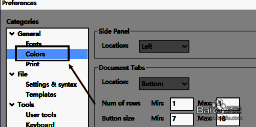 点击General下colors选项的界面图