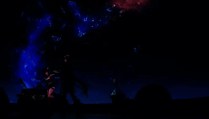 游戏主视觉图，两位主角并肩站立于废墟之上，远处是阳光洒落的山谷