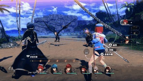 战斗界面示意图，显示角色动作顺序与技能面板，特效华丽