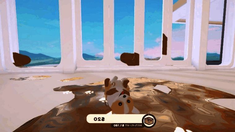 游戏中柴犬在客厅跳跃，家具散落一地