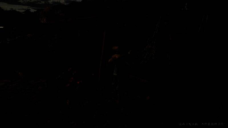 玩家操控角色在山林间奔跑，远处可见巨兽身影若隐若现