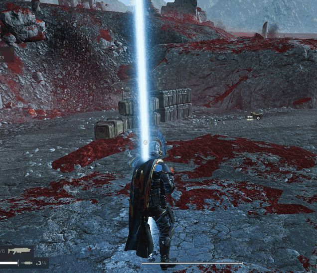 角色站立在地面标记区域内，周围有支援武器即将降落的光束特效