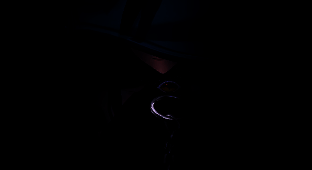 黑羽侧身站立于暗影之中，身后光影交错，充满神秘感