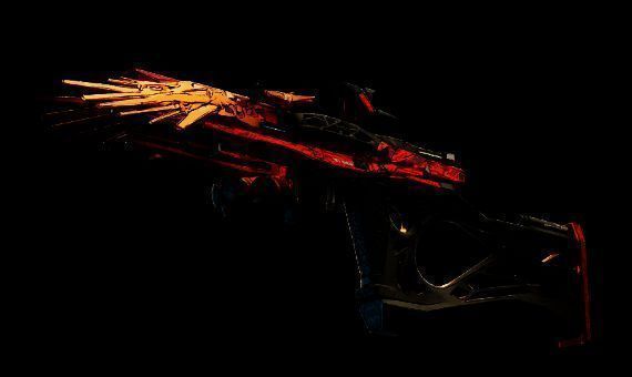 教团武器特写，枪身带有宗教图腾与能量光效