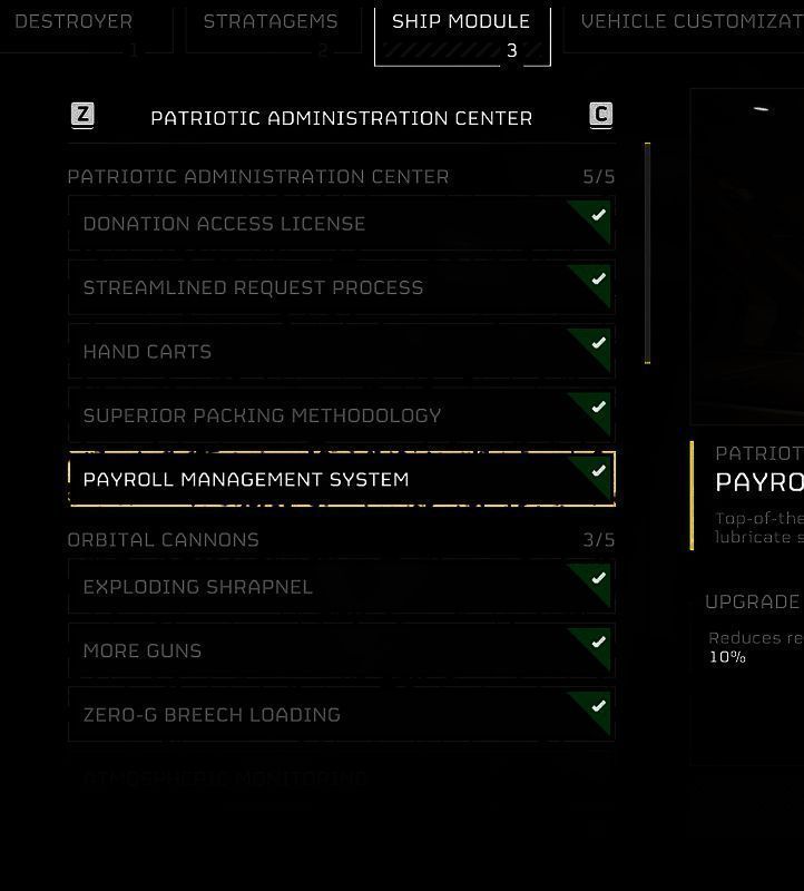 《绝地潜兵2》舰船升级资源展示图，呈现样品与征用材料的消耗比例