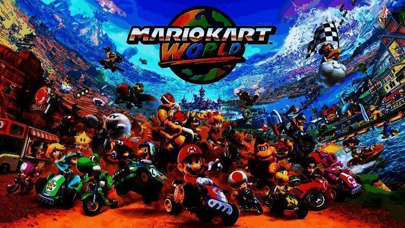 《马里奥赛车：世界》游戏画面，多辆卡丁车在赛道上飞驰，背景为开放世界地图