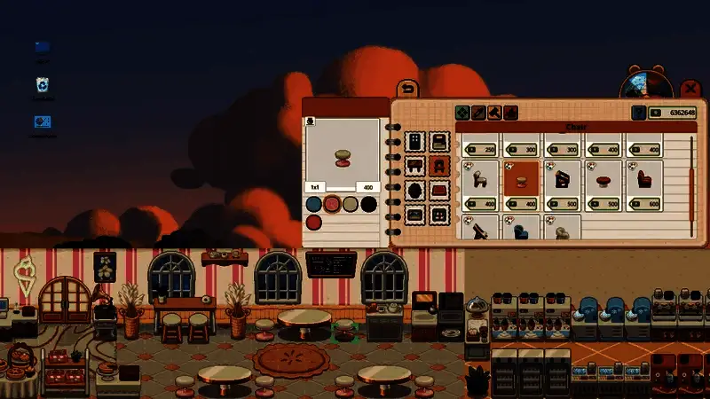 游戏界面截图，展示窗口化运行模式下的咖啡馆实时动态