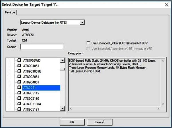 设备选择列表界面，高亮显示AT89C51芯片选项