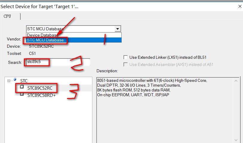 设备选择窗口截图，展示如何查找并选中特定型号的单片机