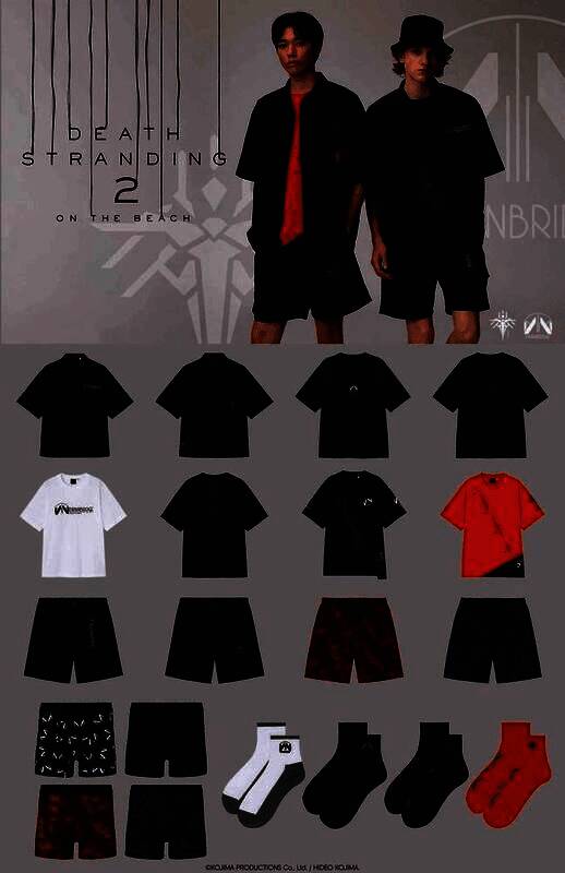 《死亡搁浅2》主题服饰展示图，包含多种沙滩风格服装和配饰