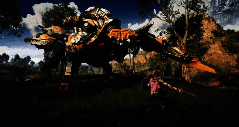 《荒野起源》游戏截图：主角手持长矛迎战机械巨兽