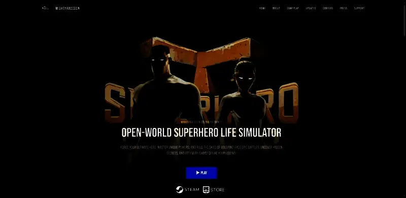 官网界面截图，展示《超级英雄模拟器》主视觉图与主要功能模块布局