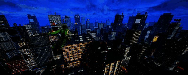 游戏中玩家操控超级英雄在高楼间飞跃，背景是繁华都市夜景