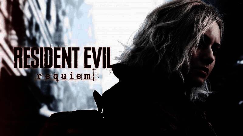 《生化危机9：安魂曲》宣传图，FBI分析员格蕾丝手持武器，在昏暗旅馆中警觉前行