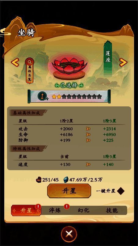 《潮英雄》坐骑界面展示，显示已解锁的坐骑及其属性加成