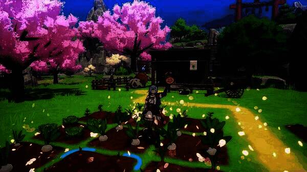 玩家在东方风格村庄中劳作，身边跟着可爱的宠物伙伴