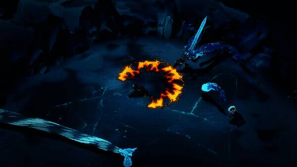 法师在地牢中施放火焰风暴，周围敌人被炸飞，特效炫目