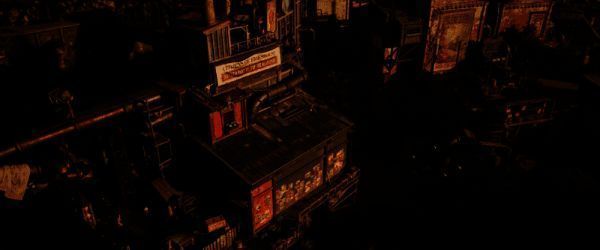 城市全景俯瞰图，建筑错落有致，光影交错展现复古美感