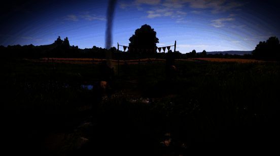 游戏中主角亨利身穿盔甲行走在废墟之间，环境氛围极具史诗感