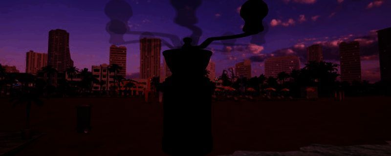 海滩酒吧模拟器游戏场景图，阳光洒落在海边酒吧，周围有沙滩椅和棕榈树