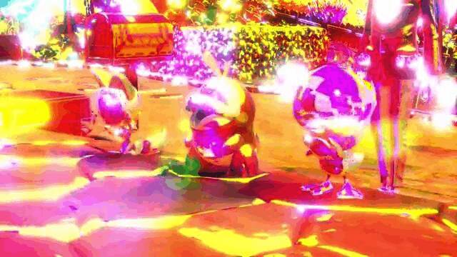 《宝可梦朱紫》Switch2版游戏中角色站在一片晶化地面上，周围建筑和物体表面布满闪亮晶体