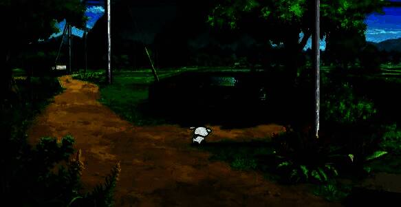 等候椅旁小新坐在长椅上看风景，周围绿树成荫