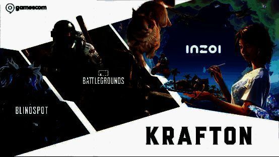 KRAFTON展台概念图，展区内设有多个试玩区域，工作人员正热情引导玩家体验游戏