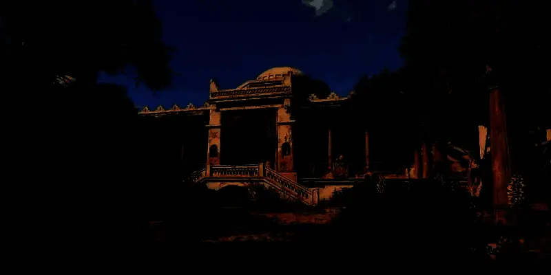 湖畔小径画面，水面波光粼粼，远处山峦起伏