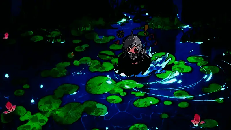 玩家操控角色在湖边钓鱼的画面，周围环境静谧美丽，水面泛起涟漪