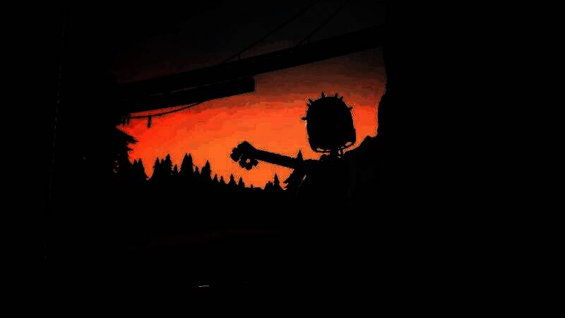 主角在废墟中攀爬，身后有多个不同形态的机器人正在接近