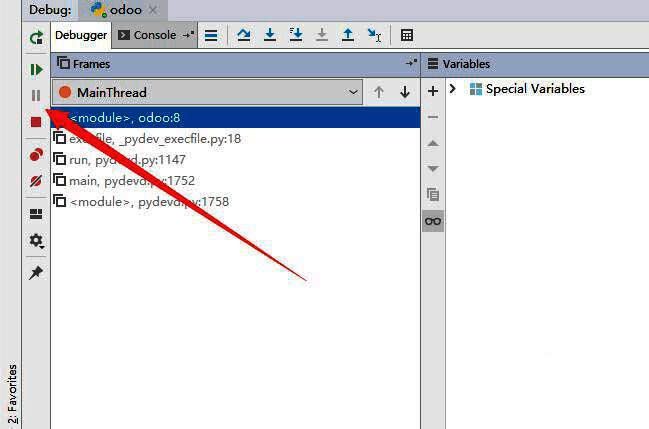 调试终止操作示意图，红色停止按钮被高亮选中