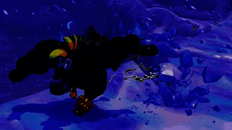 大金刚与小宝琳在丛林中并肩前行，背景是色彩斑斓的热带岛屿