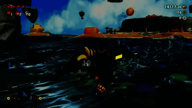 大金刚与小宝琳穿越瀑布，水中倒影清晰呈现角色动态