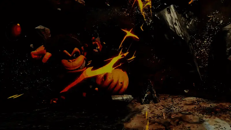 丛林关卡中，大金刚使用变身后的能力飞跃断崖，场景充满动感