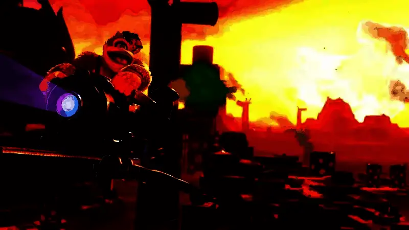 通关后结局动画片段，大金刚与小宝琳庆祝胜利，背景为夕阳下的海岛风景