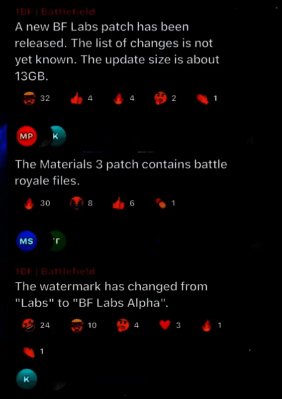 《战地》实验室更新日志截图，展示新增大逃杀相关文件