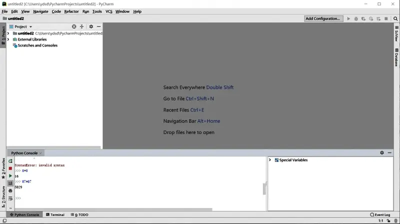 成功创建Python项目后的主界面展示