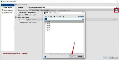 新增解释器窗口截图，Base interpreter路径选择界面展示Python 3.7安装位置