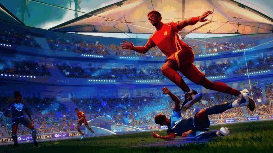 游戏中球员奔跑传球的画面，动作流畅自然，背景呈现未来风格