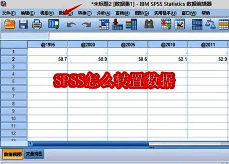 SPSS软件界面展示顶部菜单栏中的‘数据’选项被选中状态