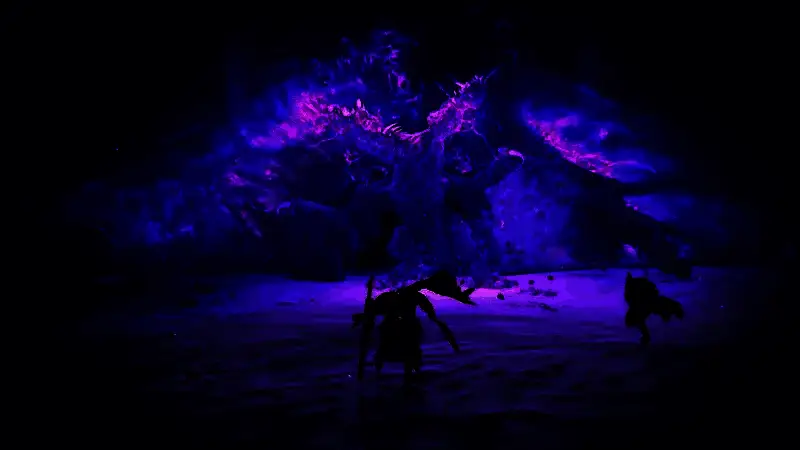 碎身巨颚战斗场景，黑暗风格Boss怒吼，背景为林姆维尔德区域