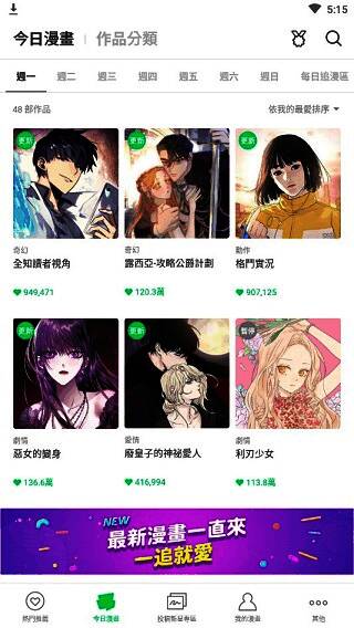 今日漫画板块显示最新更新内容