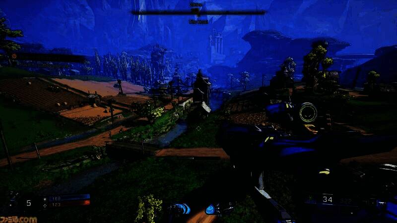 《无主之地4》战斗场景截图，角色手持巨型武器与敌人激烈交火