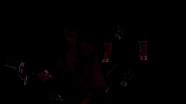 Michelle在恶魔世界中紧张前行，背景闪烁着诡异的霓虹光芒