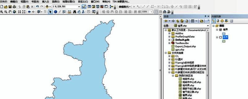 ArcMap界面展示加载了县界和省界两个图层的地图视图