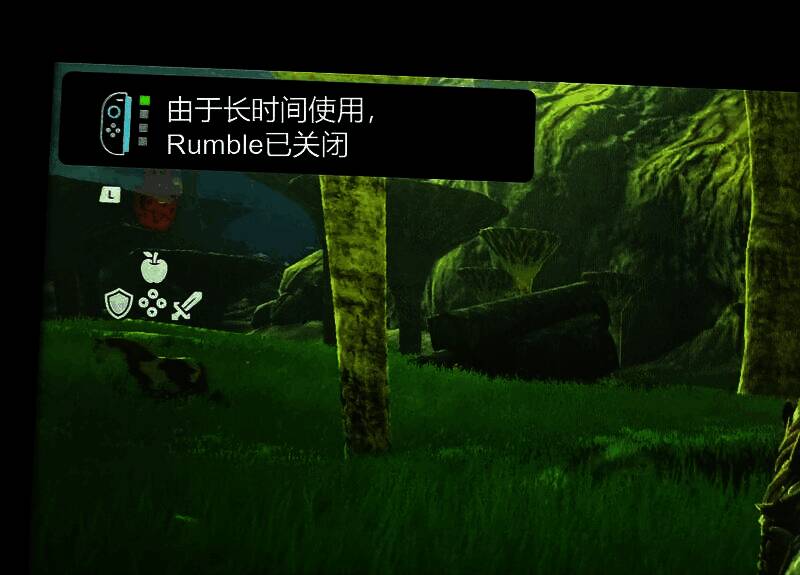 Joy-Con手柄正在激烈震动中，屏幕上显示游戏画面与震动反馈条