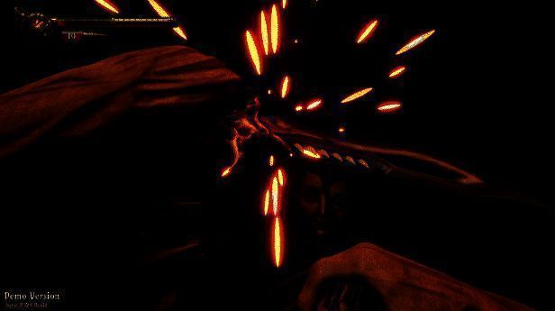 战斗场景特写，血色光效缠绕武器，敌人身影若隐若现