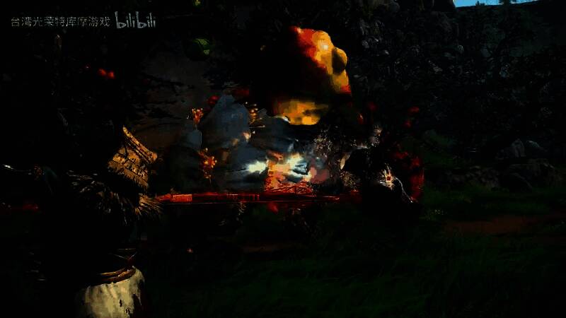 弓武器战斗画面，角色拉弓搭箭准备射击，背景可见巨型野兽逼近